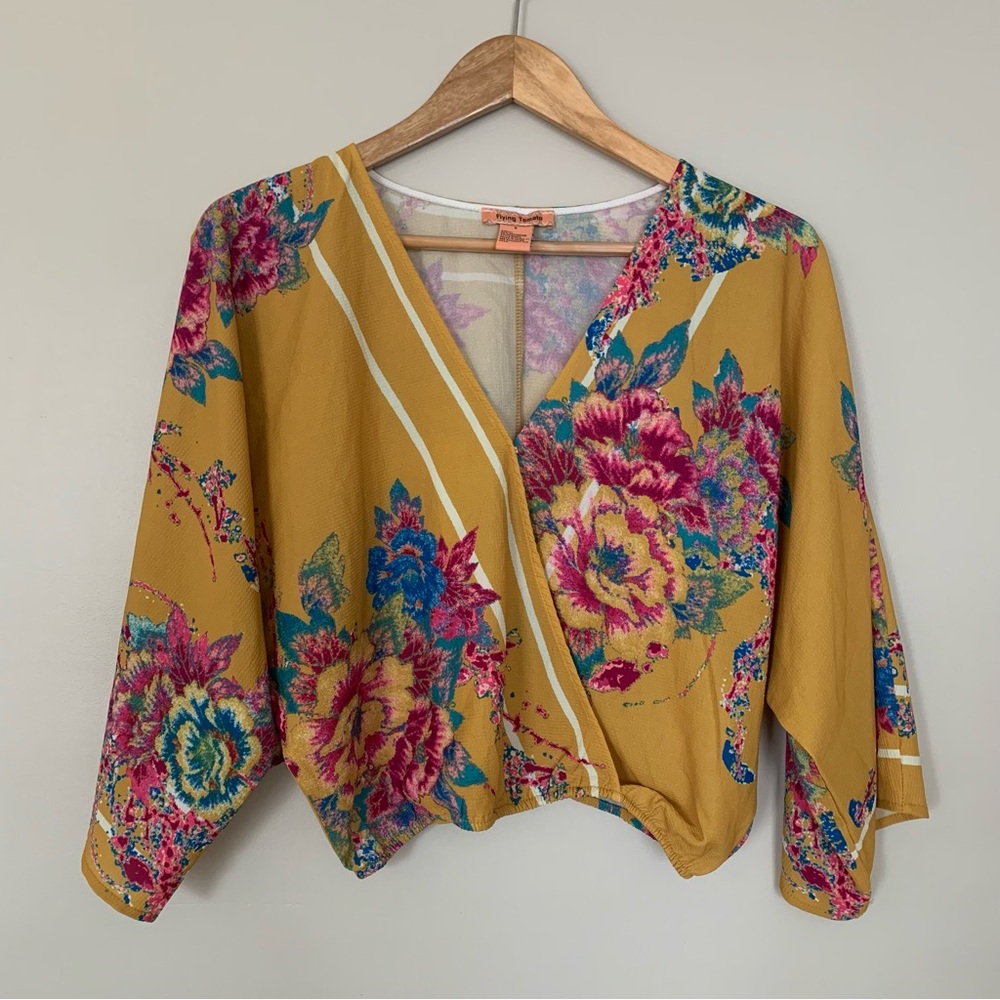 Women's Flying Tomato Blouse Floral Wrap Style Yellow Blue Pink Cropped Small